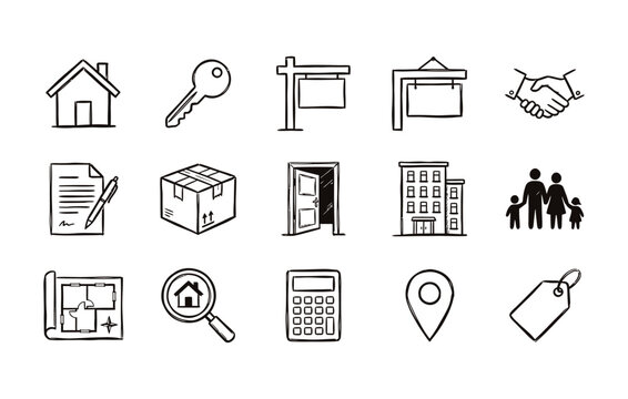 Hand drawn real estate industry icon pack with home ownership symbols