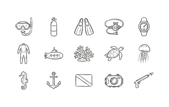 Hand drawn scuba diving icon pack with underwater exploration tools
