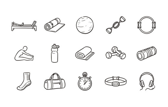 Pilates and fitness icon collection with professional workout gear