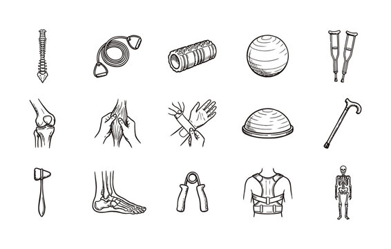 Physical therapy and rehabilitation icon collection for medical recovery