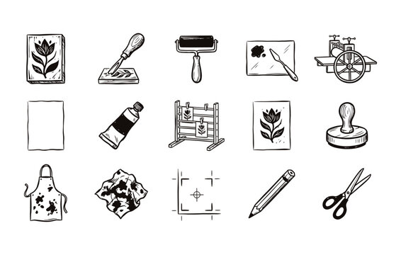Printmaking and block printing icon collection for artistic studio