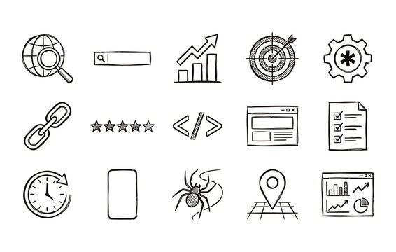 Seo and digital marketing icon collection with web analytics tools