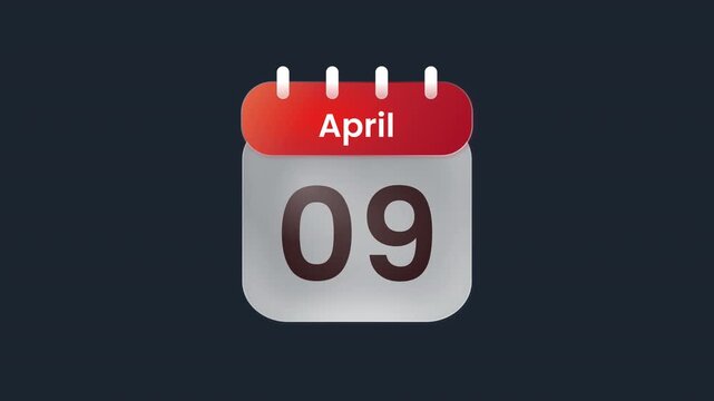Looping April Calendar Date 09 9th Animation with Clean Planner Page Icon Prores Alpha Channel 4K 60fps