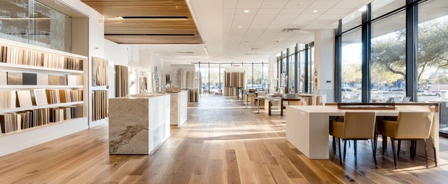 Modern tile and stone showroom interior with marble islands, wood flooring and large windows for interior design and showroom background