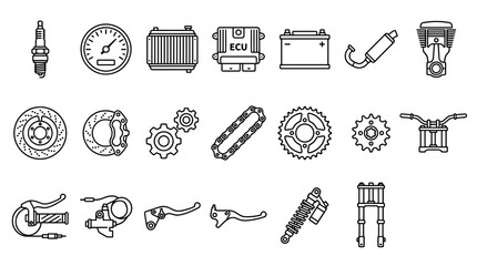 Motorcycle parts line icons set, vehicle spare components © Tulippp