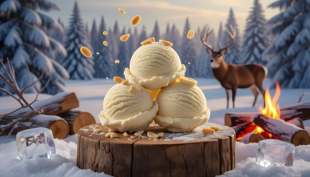 Creamy Vanilla Ice Cream Cones with Peanuts in a Snowy Forest with Deer and Campfire Scene