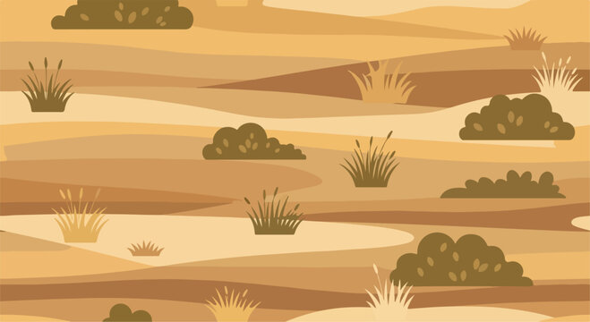 Desert landscape seamless pattern, arid savanna background with dry grass and bushes, flat vector illustration of sandy dunes and safari terrain