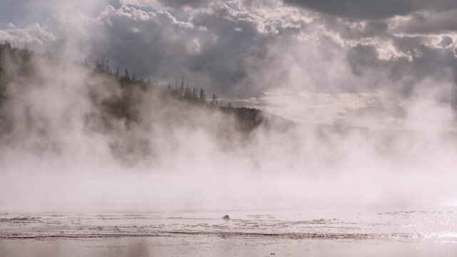 Steam Rising Above Grand Prismatic Spring In Midway Geyser Basin Yellowstone Wyoming