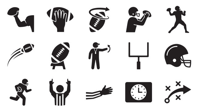 American football icon set, 15 black vector silhouettes of sports equipment and players, professional football game symbols for coaching and strategy