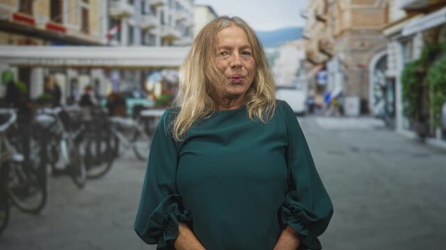 Senior woman in green dress brings bare hand to forehead yawning and puckering lips on street while gesturing with free hand; tired resignation.
