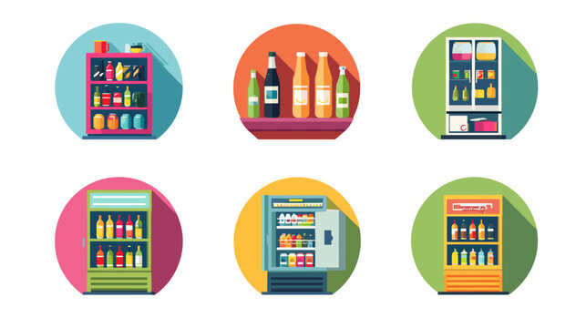 Various Refrigerated Display Cases Stocked With Drinks In Flat Design Style Isolated On White