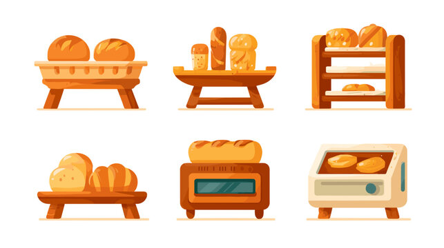 Various Fresh Baked Breads Displayed On Wooden Stands And Shelves In A Bakery