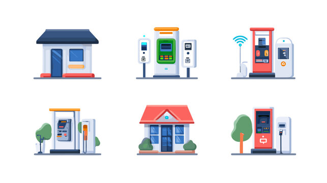 Various Small Buildings and Automated Kiosks Set Against a White Background