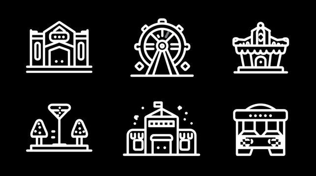 Vector Icons Of Amusement Park Buildings And Rides In White Line Art On Black Background