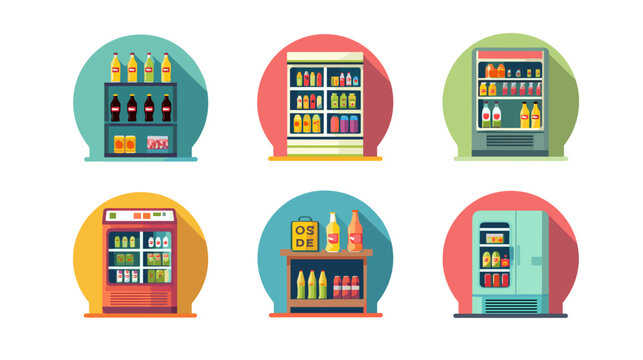 Various Vending Machines and Shelves Filled With Drinks and Snacks Arranged In A Grid