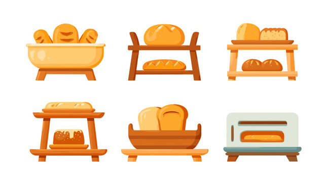 Various Types Of Bread Displayed On Wooden Shelves With A Vintage Oven In The Background
