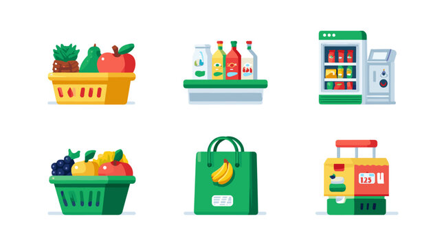 Vector Flat Design Icons For Grocery Shopping And Supermarket Assortment Of Fruits Vegetables