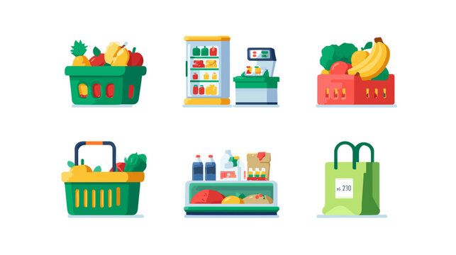 Vibrant Shopping Illustrations Featuring Fresh Produce And Groceries In A Clean Style