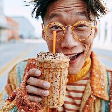 Happy man enjoying cold drink with unique glasses
