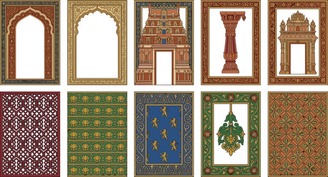 Traditional Indian Decorative Frame Collection Featuring Temple Architecture, Ornamental Arches, Floral Borders, Palace Columns, and Heritage Pattern Vector Set