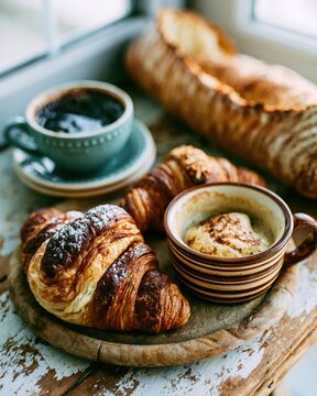 Morning croissants with coffee cups and baguette on rustic table