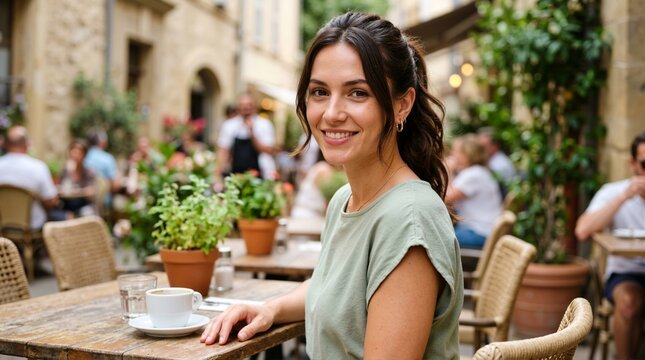 Smiling young woman sitting at an outdoor cafe table with a coffee cup. Casual summer fashion portrait on a sunny city street terrace