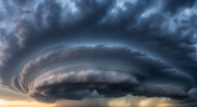Dramatic supercell thunderstorm cloud formation swirling in the dark evening sky.