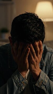 Young man sits alone in a room feeling anxious and covers his face with his hands