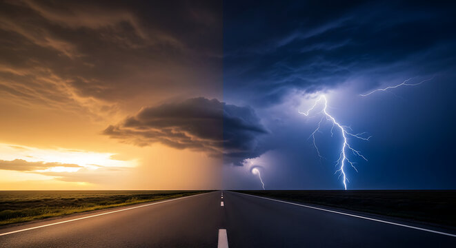 Dramatic split screen view of a highway road during a powerful thunderstorm with lightning strikes.