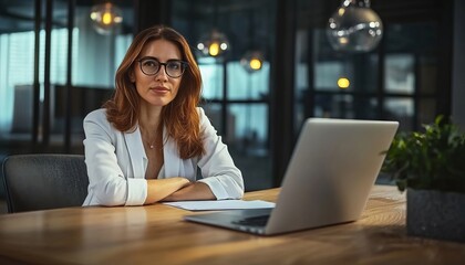Fototapeta premium Professional Business Woman CEO Working on Laptop at Her Office Desk in Late Evening Atmosphere.