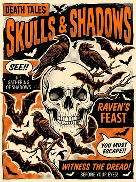 Vintage Halloween Horror Comic Poster Illustration Featuring a Skull, Ravens, and Bats with Distressed Retro Texture
