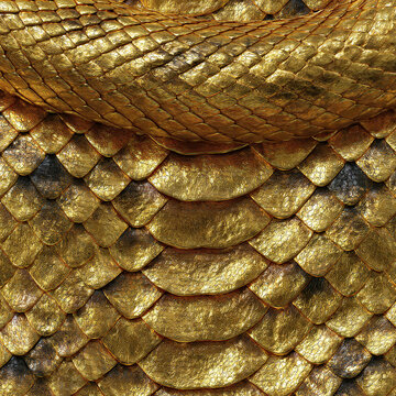 Golden reptile scales with metallic texture and coiled pattern.