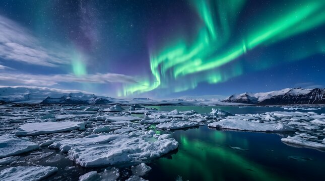 J kuls rl n glacier lagoon illuminated by vibrant northern lights display