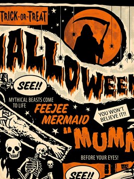 Vintage Halloween Comic Poster Illustration with Grim Reaper, Skeletons, Feejee Mermaid and Mummy in Retro Sideshow Style
