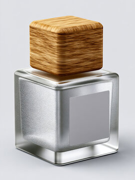 Minimalist square glass bottle with wooden cap on neutral background.