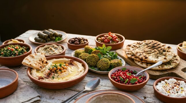 Middle Eastern Meze Platter with Hummus Falafel and Pita Bread
