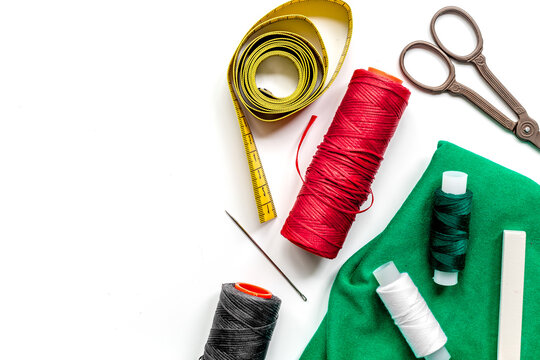 tools for sewing for hobby set on white background top view mock up