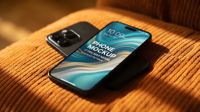 Black smartphone mockup on a wooden table