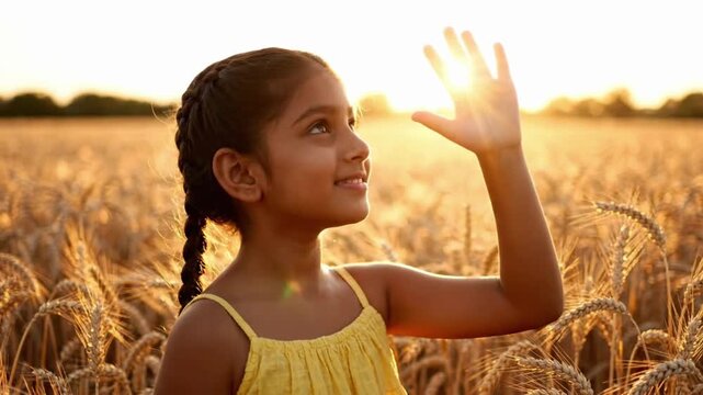 Girl looks at sun through hand in wheat field during sunset
