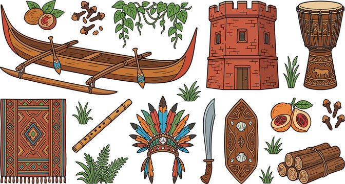 Traditional Tribal Cultural Elements Collection Featuring Dugout Canoe, Drum Tower, Feather Headdress, Wooden Shield, Woven Textile, and Indigenous Heritage Vector Set