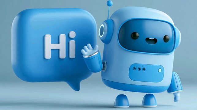 Cute 3D robot waving beside a speech bubble saying "Hi," friendly AI assistant concept