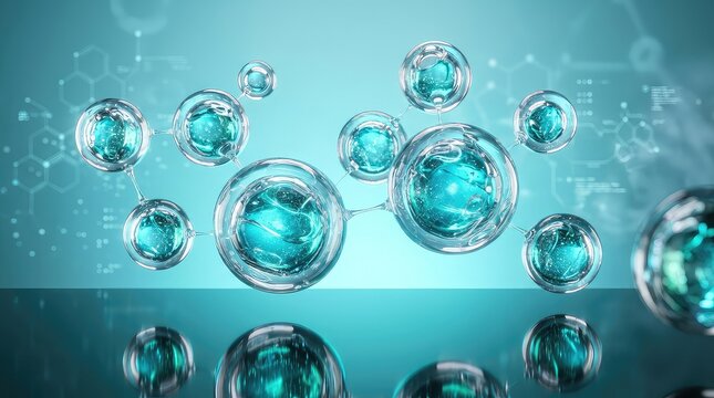 Futuristic molecular glass spheres with shimmering liquid cores