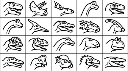 Dinosaur Head Icons Collection - Jurassic Era Creatures Line Art © Sang