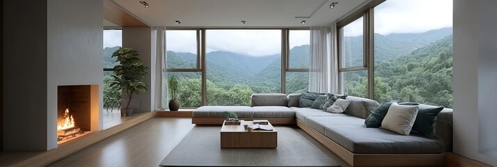 Obraz premium Minimalist Modern Living Room Layout with Panoramic Window Views of Lush Green Mountains Outdoors