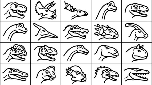 Dinosaur Head Icons Collection - Jurassic Era Creatures Line Art