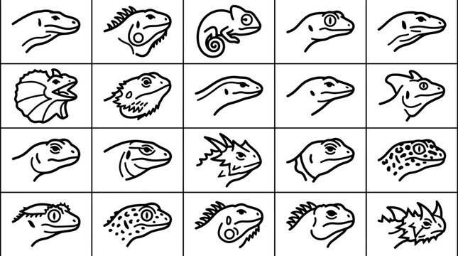 Lizard Icons Set: Diverse Reptile Head Illustrations in Outline Style
