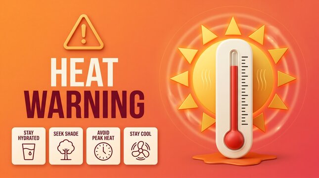 Educational heat warning poster template featuring safety precautions and high temperature thermometer graphic