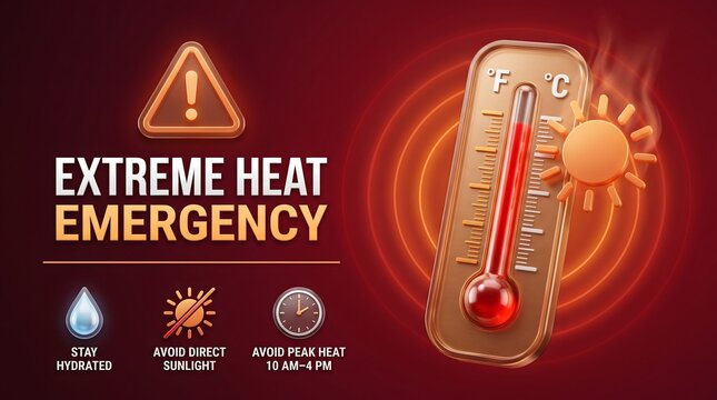 Dark red extreme heat emergency notification graphic with safety protocol icons and temperature gauge