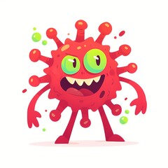 Fototapeta premium Red virus character with green eyes and sharp teeth. Cartoon monster representing a biological germ pathogen. Funny infection agent illustration for microbiology and science education concept.