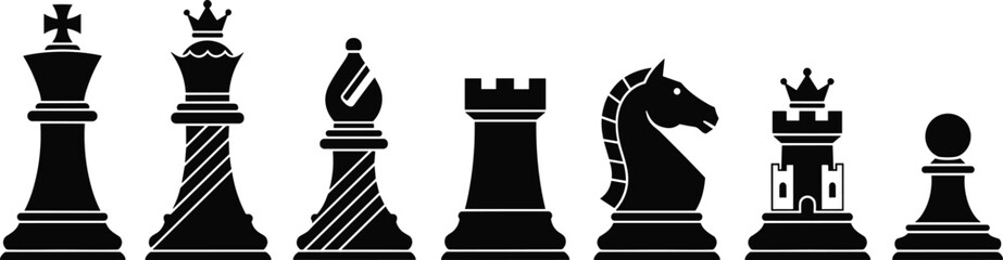 Black chess piece silhouettes set featuring king queen bishop knight rook and pawn isolated on white background for strategy game concept vector illustration design © MstNilufar